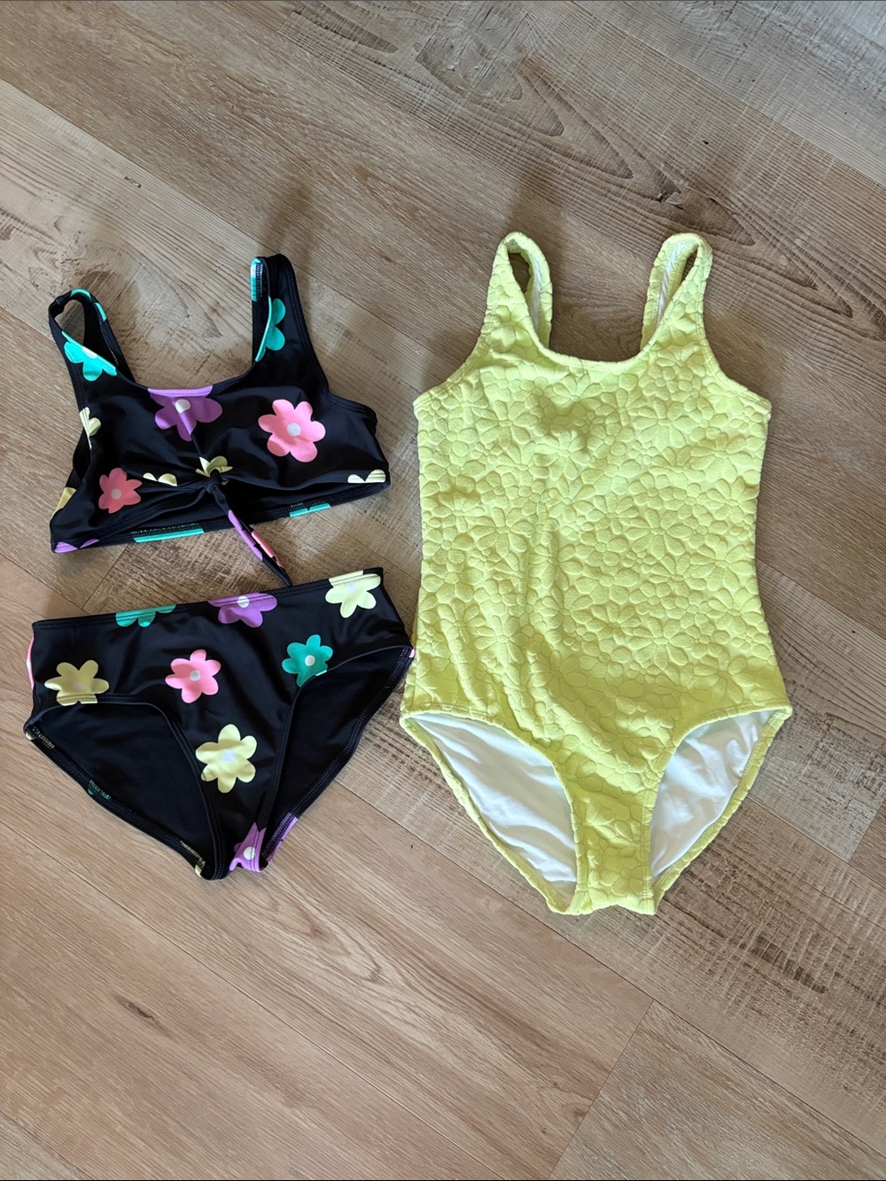 Old Navy Black Floral Bikini and Yellow One-Piece Swimsuit Size L